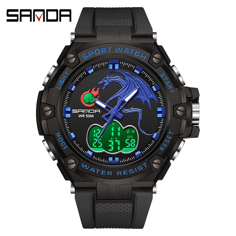 Sanda 3171 reloj electrónico dragón rociador de fuego reloj impermeable moda de moda luminoso reloj de hombre multifuncional