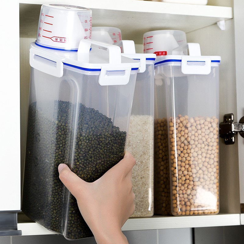 Taza medidora de grado alimenticio con asa, almacenamiento de granos, tanque de granos diversos, caja de almacenamiento de productos secos de cocina, frasco sellado de plástico para el hogar