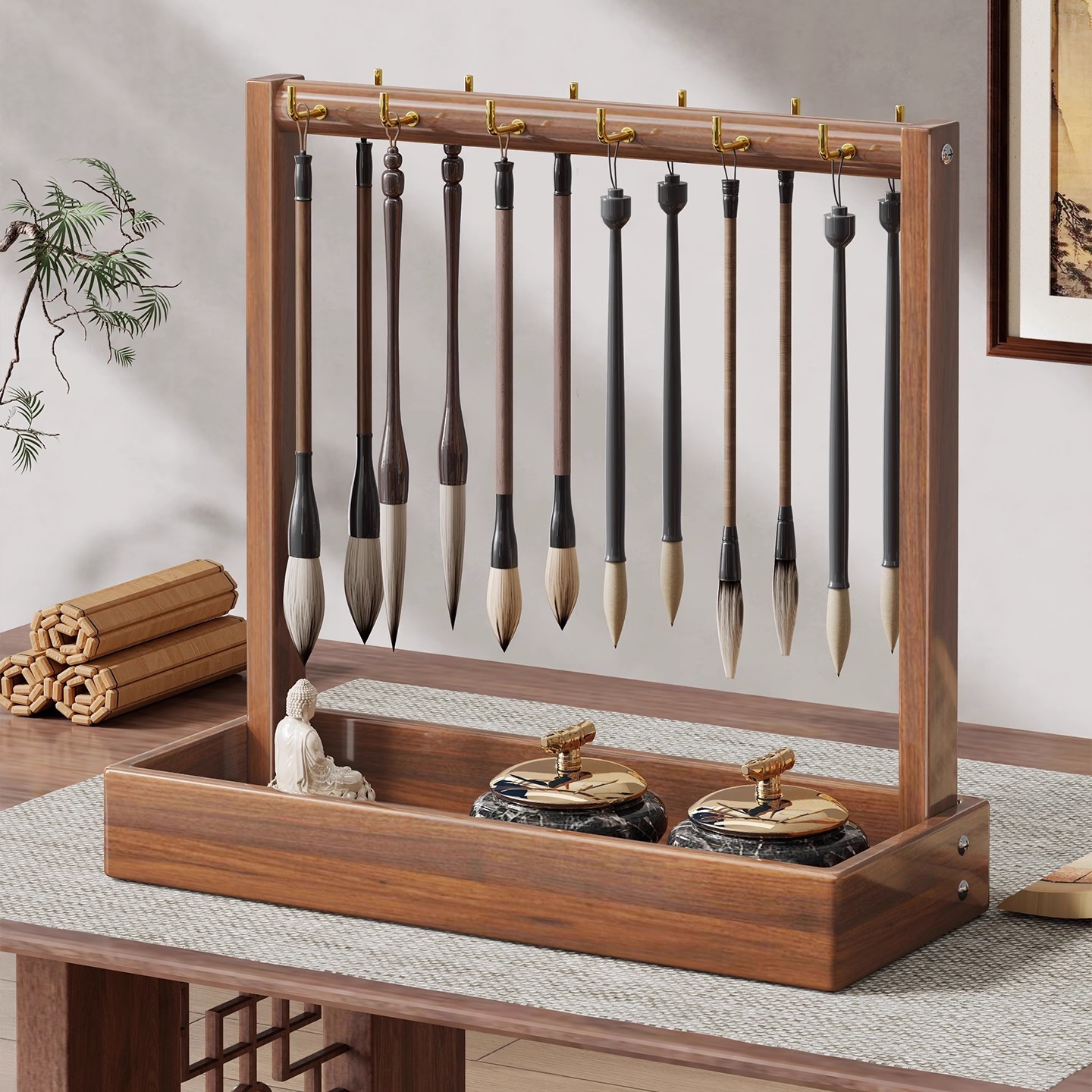 Soporte para Pinceles de Caligrafía de Madera, Multifuncional y Colgante, para Escritorio