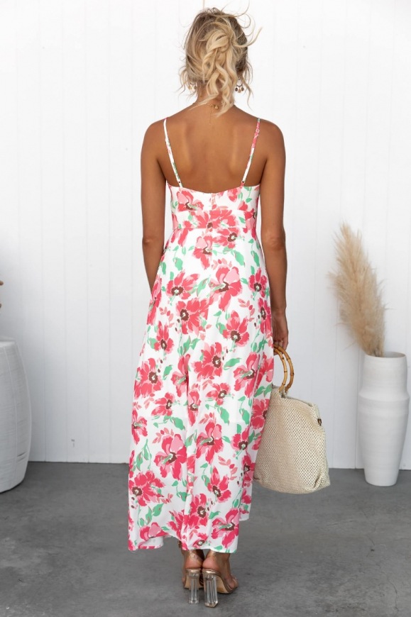 floral print low-cut slit sling long dress  NSCXY120961