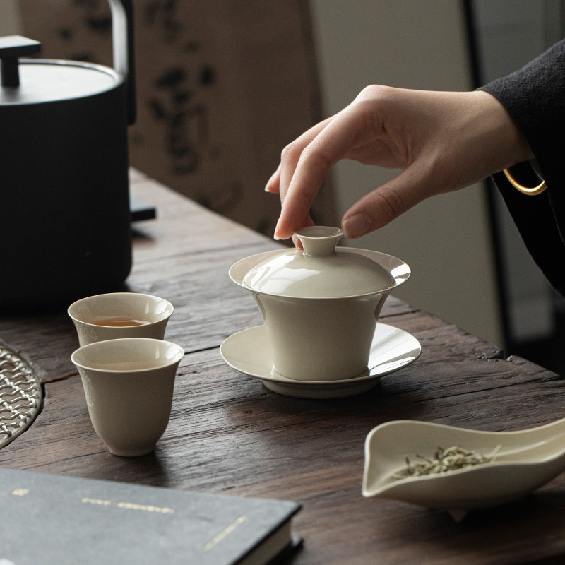 墨己草木灰陶瓷三才盖碗功夫茶具家用敬茶碗奉茶盖碗传统泡茶碗|undefined