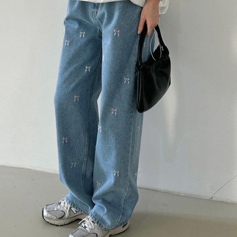 2024 embroidered bowknot loose straight high waist waist adjustable jeans 2024 embroidered bowknot loose straight high waist waist adjustable jeans