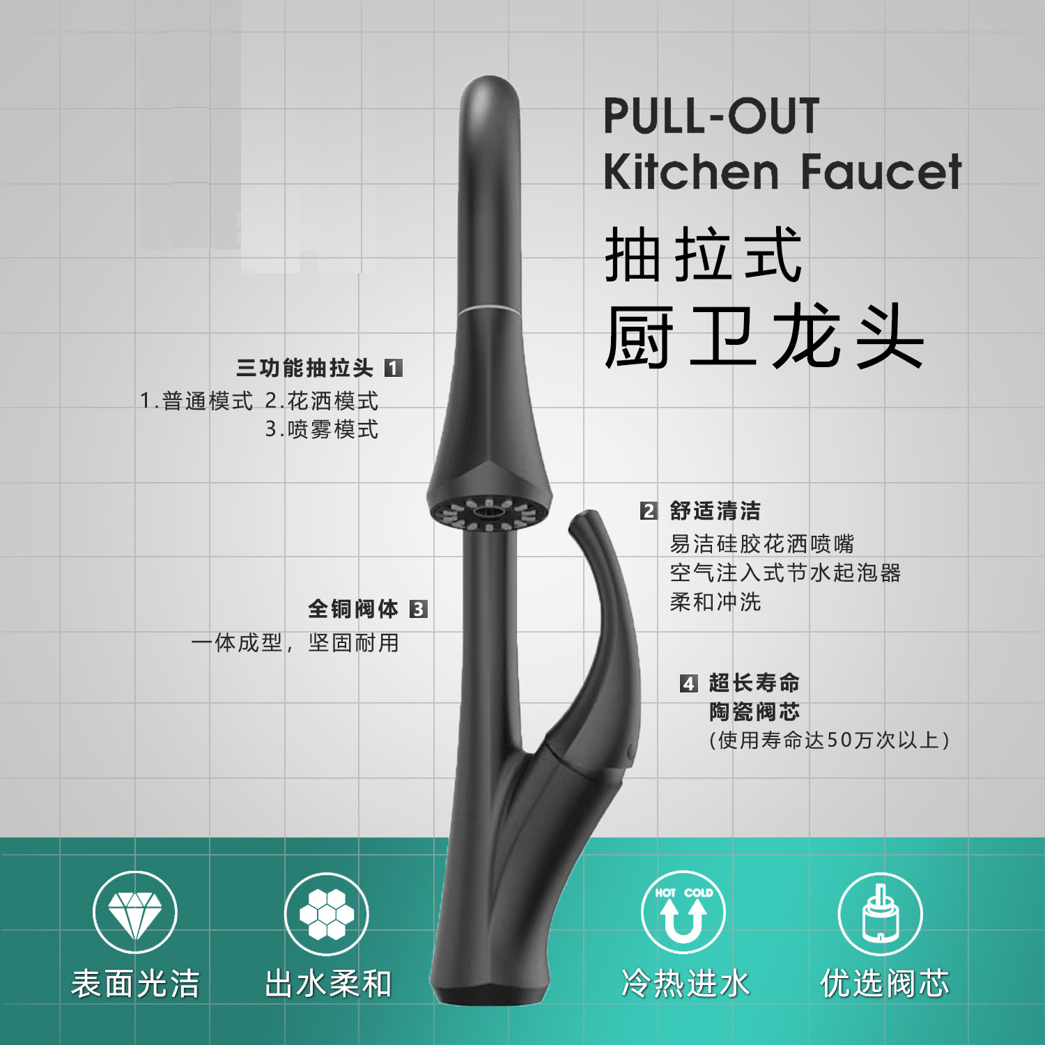 Grifo de elevación y extracción de calor y frío de cobre, fregadero sin agua de modo dual, fregadero, fregadero, grifo de cocina gris