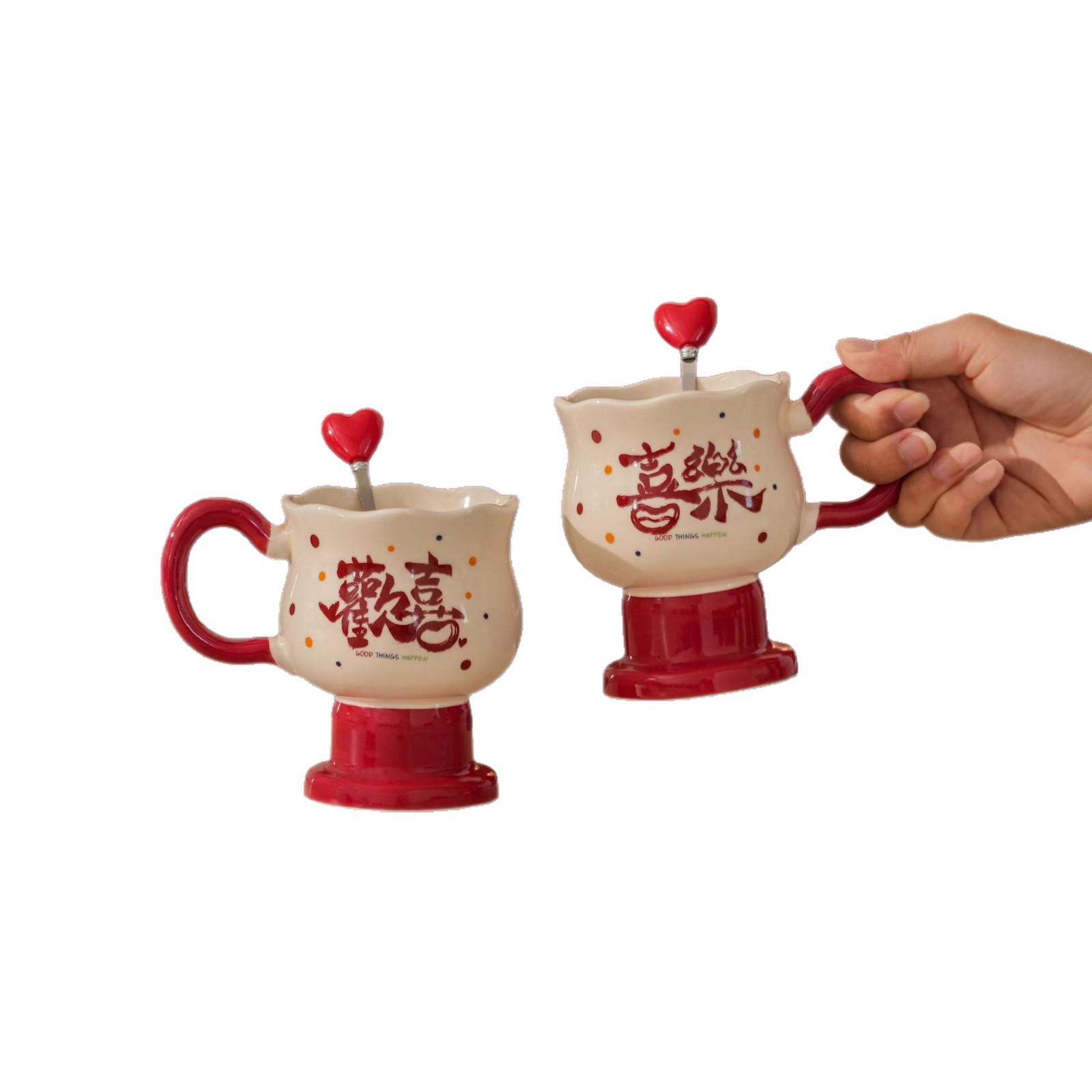 Parejas creativas felices copas regalo de mano taza de cerámica pie alto personalidad corazón de melocotón regalo taza de agua de boda taza de tinta de tinta