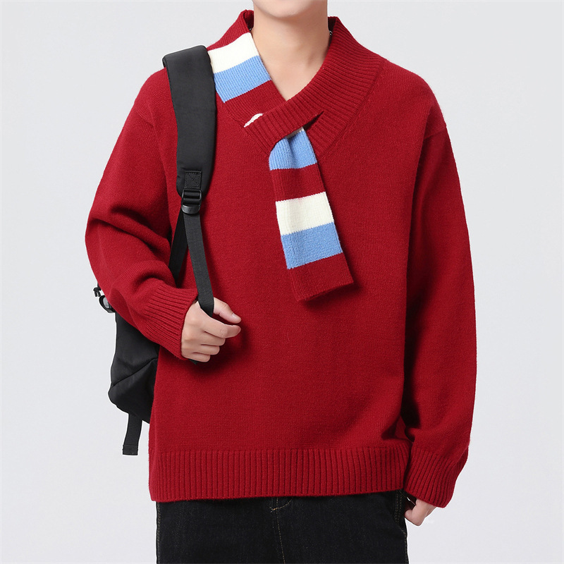 Trendy color-blocked Christmas sweater for men, autumn American-style scarf, V-neck knitwear, heavy-duty casual innerwear for couples Trendy color-blocked Christmas sweater for men, autumn American-style scarf, V-neck knitwear, heavy-duty casual innerwear for couples