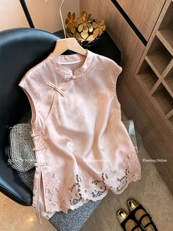 New Chinese-Style Hollow Embroidery Diagonal Collar Buttonless Sleeveless Shirt for Women, 2026 Summer New Model, Cool and Elegant Top New Chinese-Style Hollow Embroidery Diagonal Collar Buttonless Sleeveless Shirt for Women, 2026 Summer New Model, Cool and Elegant Top