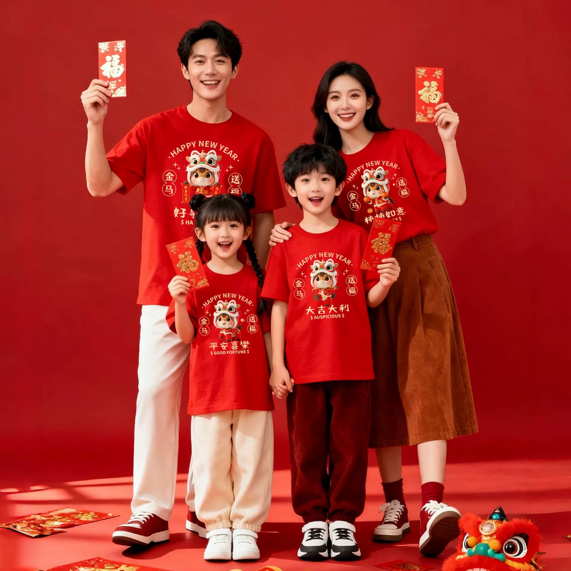 Комплект семейных праздничных футболок из чистого хлопка на Новый год 2026: серия «Год Знака Зодиака» — красные футболки с коротким рукавом для родителей и детей, с изображением Лошади, для малышей