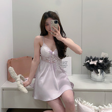 冰雪丝吊带睡裙2026春季新款蝴蝶后开刺绣花诱惑性感纯欲睡衣女裙
