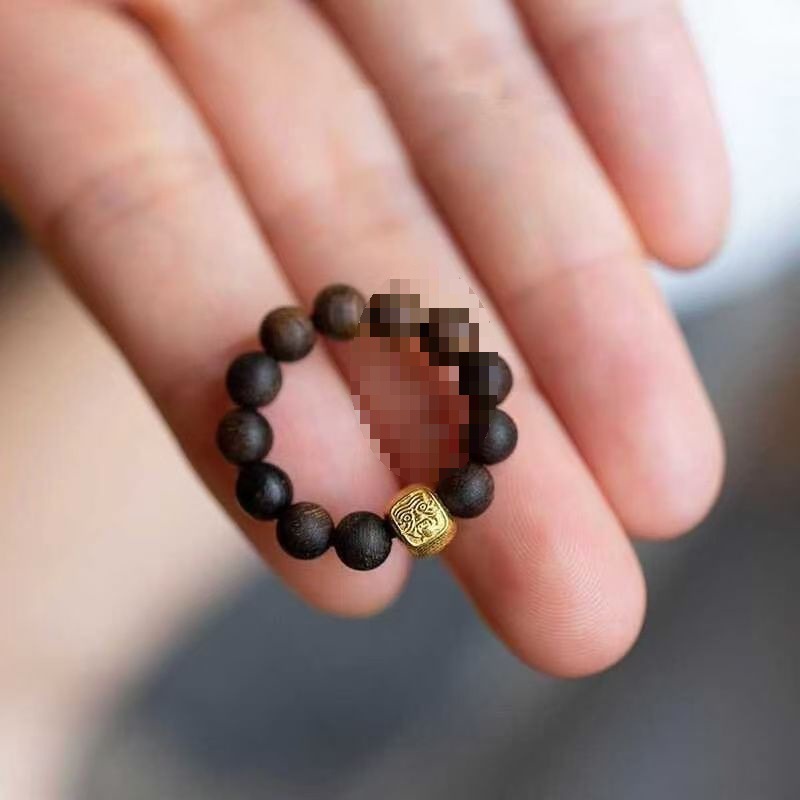 原创手作奇楠九分沉戒指小米珠沉香扎基拉姆财运指环绿松diy