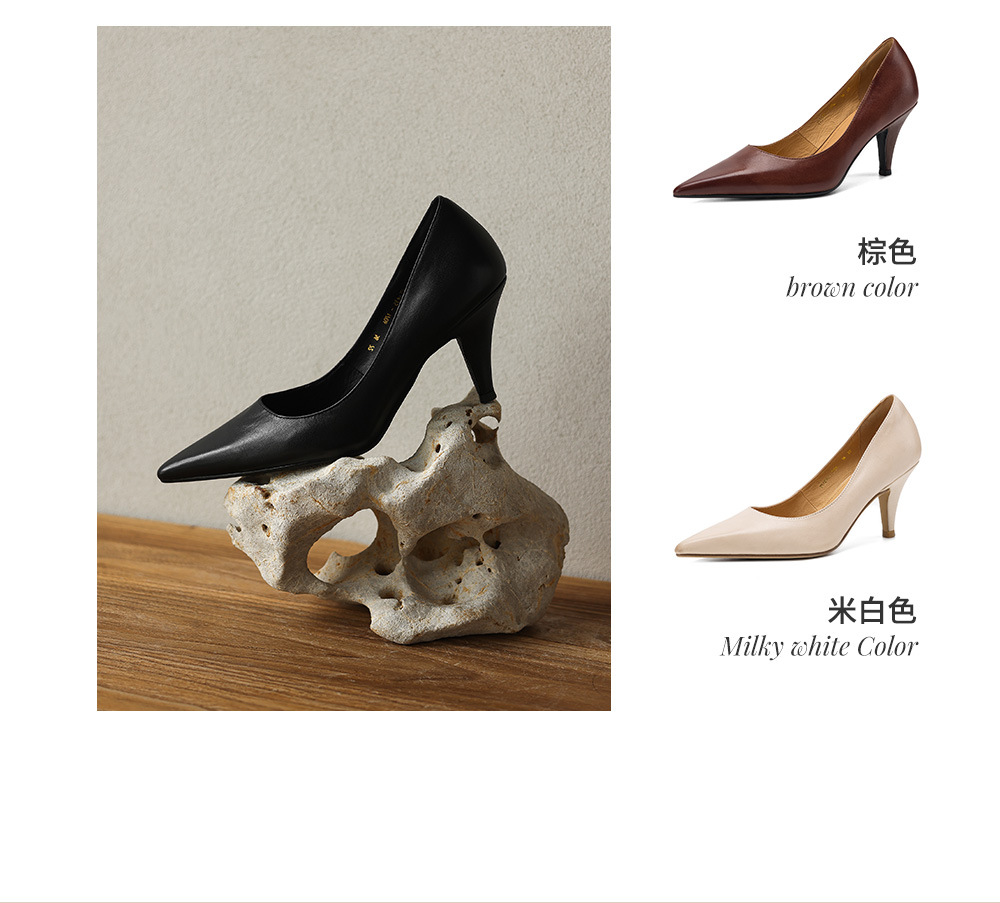 Giày cao gót nữ mũi tròn bít da bò mềm miệng nông phong cách Hàn Quốc — màu nâu chi tiết 6