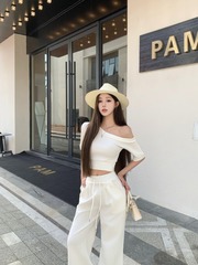 适美纯欲风套装白色斜肩短袖T恤女夏季抽绳显瘦休闲裤两件套