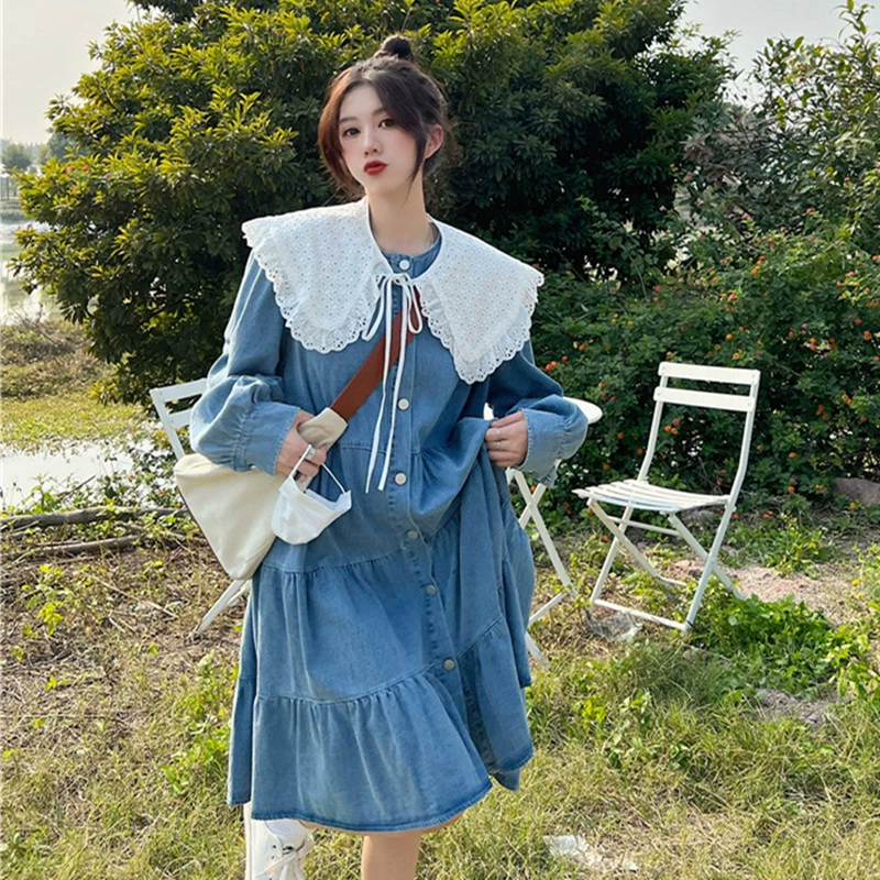 Джинсовое платье женское весеннее новое корейское стильное свободное покрывающее талию толщиной мм юбка средней длины для беременных комплект из двух предметов