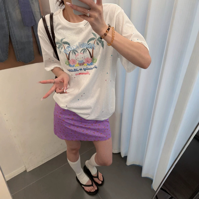 Nanyou Design Sweet and Cute Cartoon Coconut Tree and Kitten Pattern Printed Short-Sleeved T-Shirt for Women, Summer Age-Reducing Top Nanyou Design Sweet and Cute Cartoon Coconut Tree and Kitten Pattern Printed Short-Sleeved T-Shirt for Women, Summer Age-Reducing Top