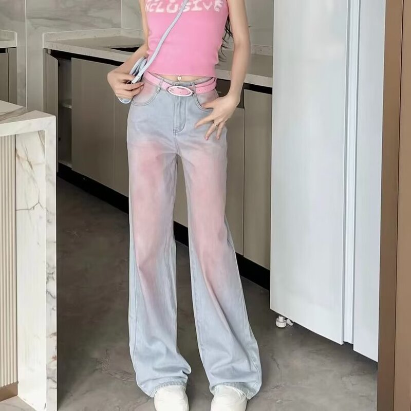 Design Niche Blush Gradient Jeans for Women Spring & Fall Retro High-Waisted Straight Pants Loose Wide-Leg Pants
