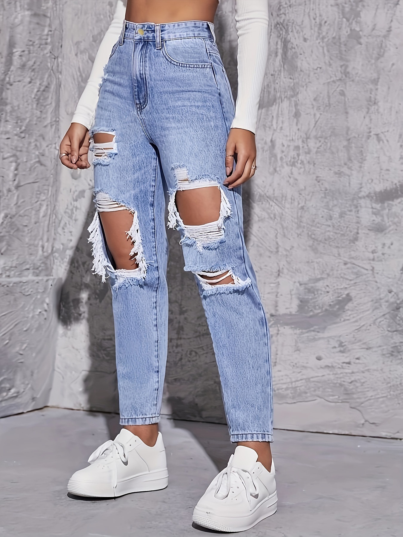 European And American Blue Ripped High-waisted Denim Straight-leg Pants Women's Fashion Versatile Trousers_ecoleips.com