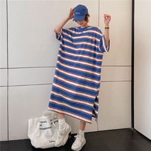 笑脸中长款睡衣女夏季宽松纯棉条纹连衣长裙睡裙家居服甜美可爱风