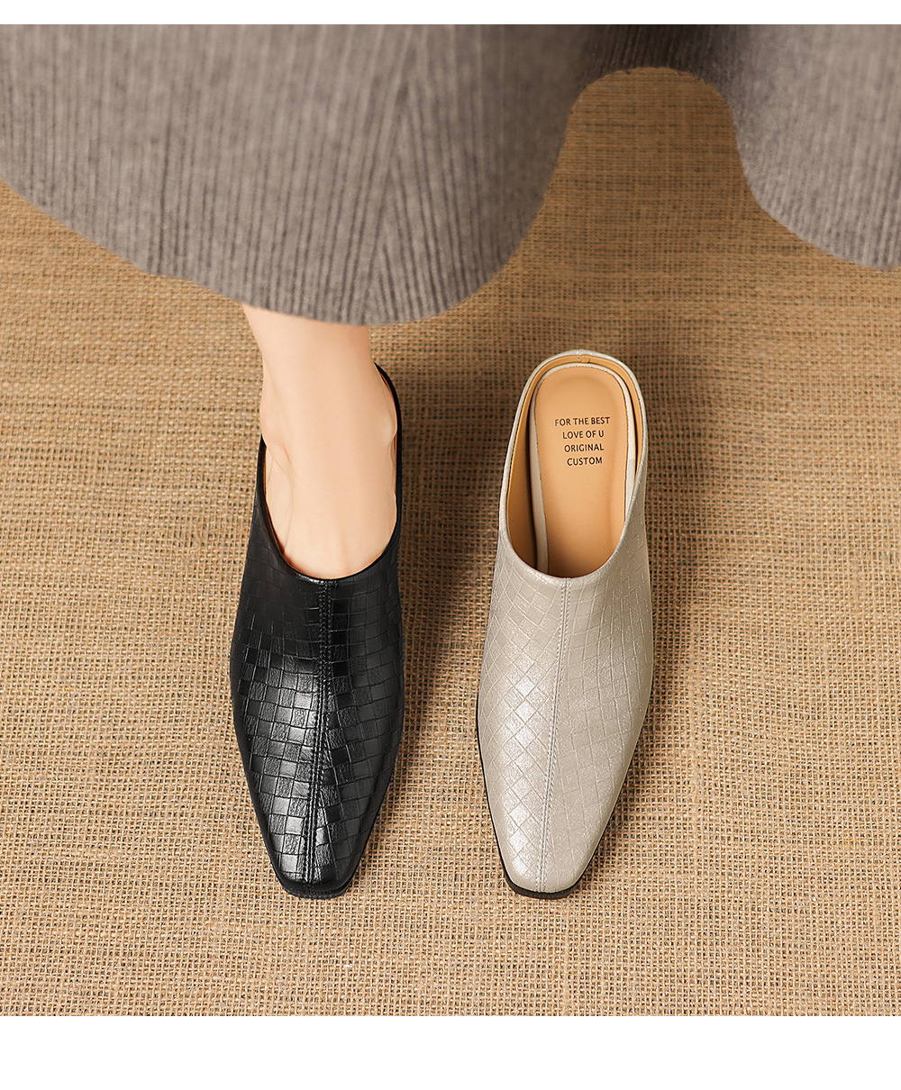 Sandal nữ bít mũi gót thô 5 cm, da bò đơn giản mùa xuân hè — đen chi tiết 2