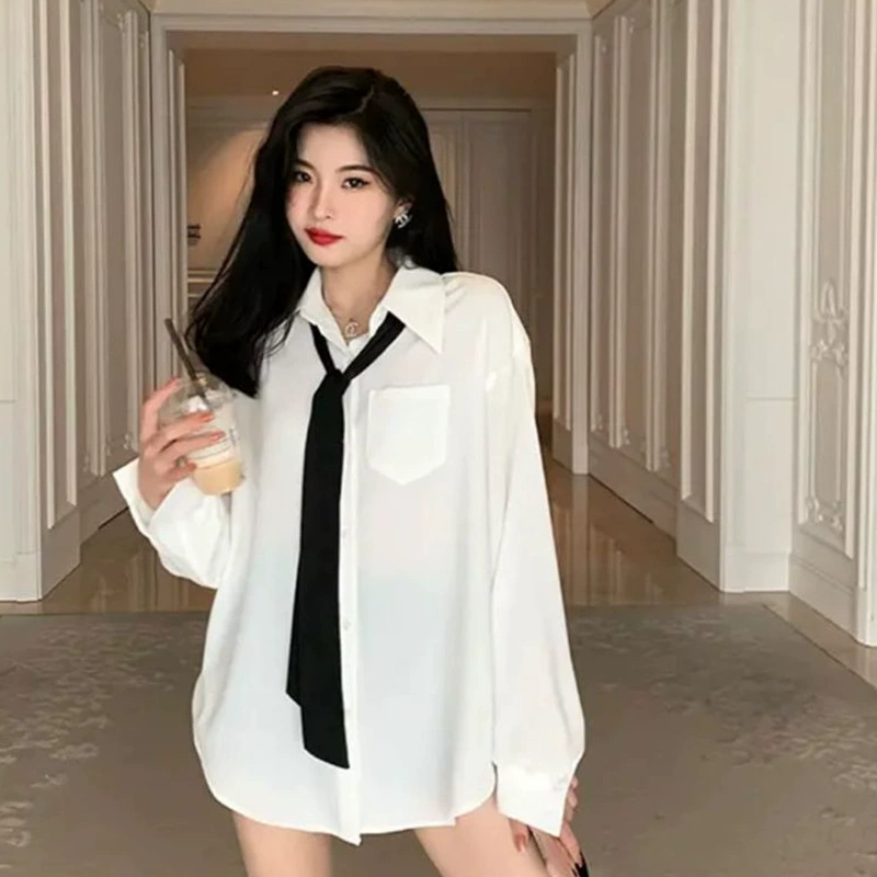 Официальная картина реальная цена с галстуком весной и осенью, летом, белый топ, средняя длинная свободная рубашка, тонкая солнцезащитная рубашка