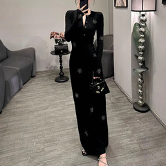 轻奢亮闪闪烫钻花朵黑色连衣裙女2025春秋欧货气质包臀长裙可代发