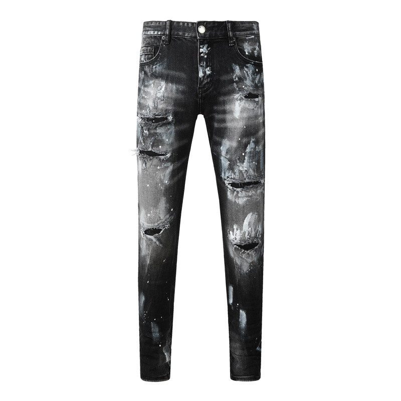 Men's Distressed Slim Fit Jeans Black Grey Washed Denim Pants with Paint Splatter And Knee Rips Streetwear Skinny Trousers_mkmklike.com
