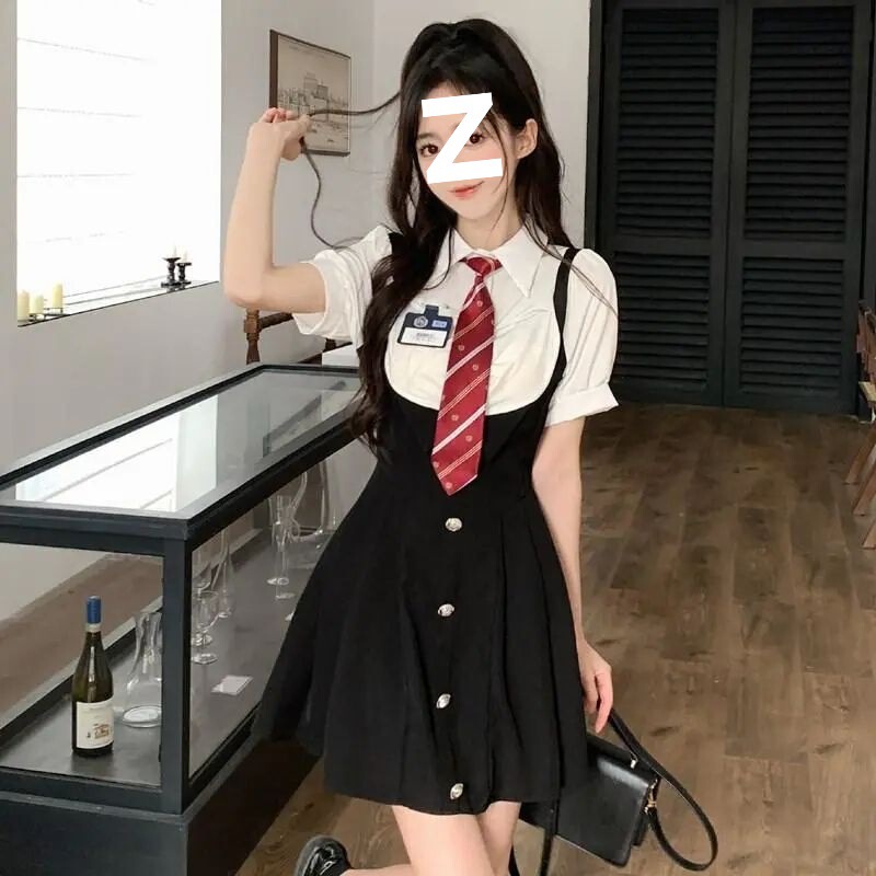 College Style Shirt with Fake Two-Piece Dress for Women, 2025 Summer New American Style Waist-Cinching Slimming Pleated Short Skirt College Style Shirt with Fake Two-Piece Dress for Women, 2025 Summer New American Style Waist-Cinching Slimming Pleated Short Skirt