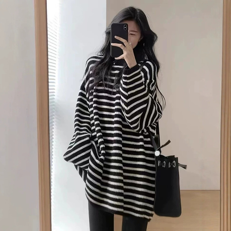 2026 Autumn/Winter Korean Style Loose Fit Versatile Mid-Length Black and White Striped Sweater Women's Base Layer Top Wholesale 2026 Autumn/Winter Korean Style Loose Fit Versatile Mid-Length Black and White Striped Sweater Women's Base Layer Top Wholesale