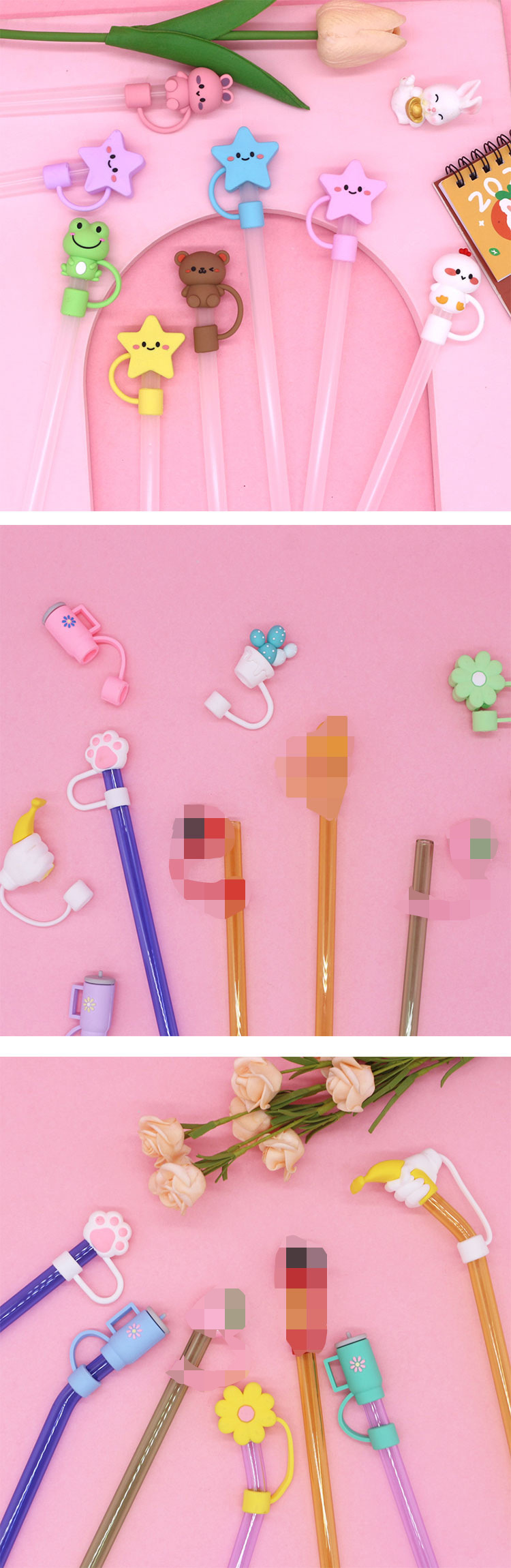 Cute Style 10mm Cute Animal Fruit Flower Pvc Daily Straw Sleeve Dustproof And Recyclable Straw Cap
