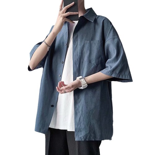 Short-sleeved shirt, men's Hong Kong style, Japanese summer five-sleeve shirt, Korean style, fashionable ins, handsome shirt, casual coat