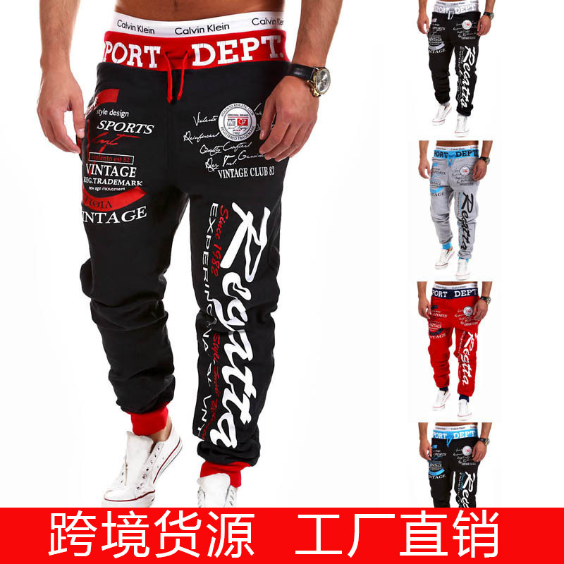 Men's Casual Pants with Drawstring Elastic Waist, Letter Print, Loose Fit, Hip-Hop Style, Long Pants for Men, Cross-Border