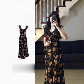 小飞袖黑色碎花连衣裙子女夏季2025新款高级感度假风法式复古长裙