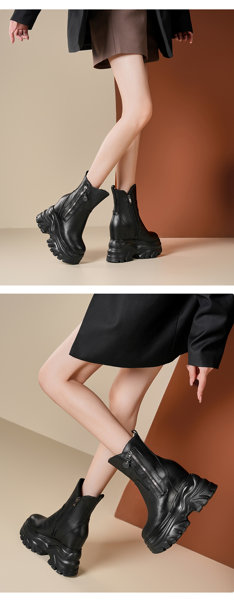 Boot nữ cổ thấp đế tăng chiều cao 14 cm phong cách cổ điển, dáng ôm chân, mũi tròn — Lót nhung đen chi tiết 3