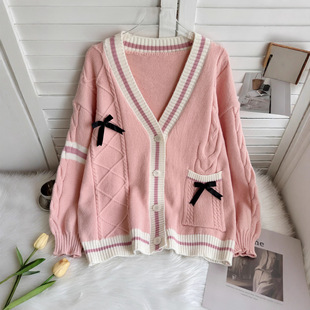 Autumn and Winter New Design Preppy Style Large Size Knitted Cardigan Japanese Style Sweet Bow Jk Sweater Jacket for Women