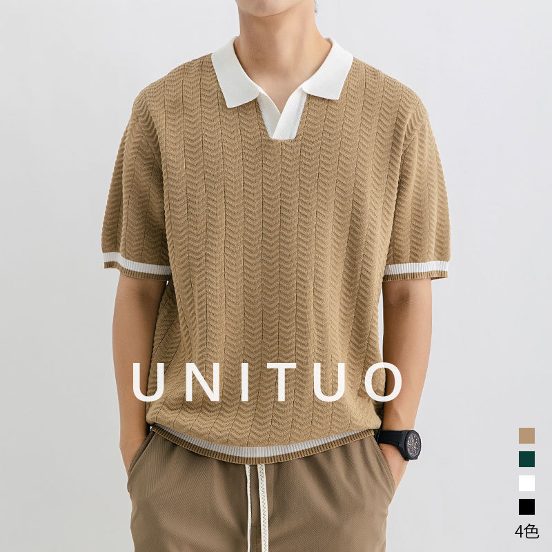 Men's Old Money Style Color-Block Seagull Collar Ice Silk Polo Short-Sleeve T-Shirt Men's Light Luxury High-End Trendy Knitwear