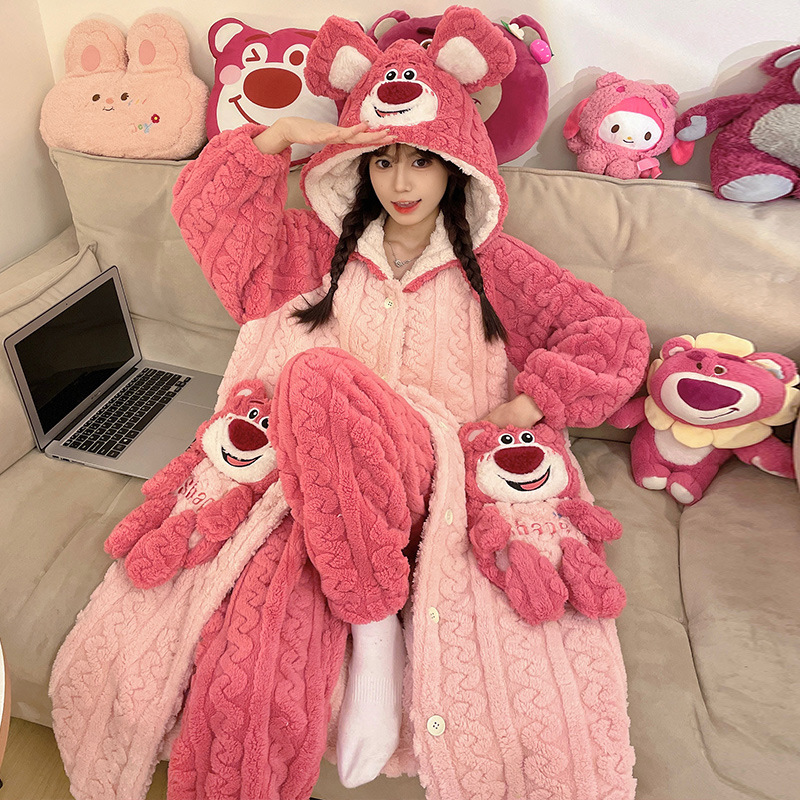 Pijamas para mujer traje de camisón de lana de coral de invierno 2024 nuevo estilo franela de manga larga engrosamiento cálido servicio a domicilio