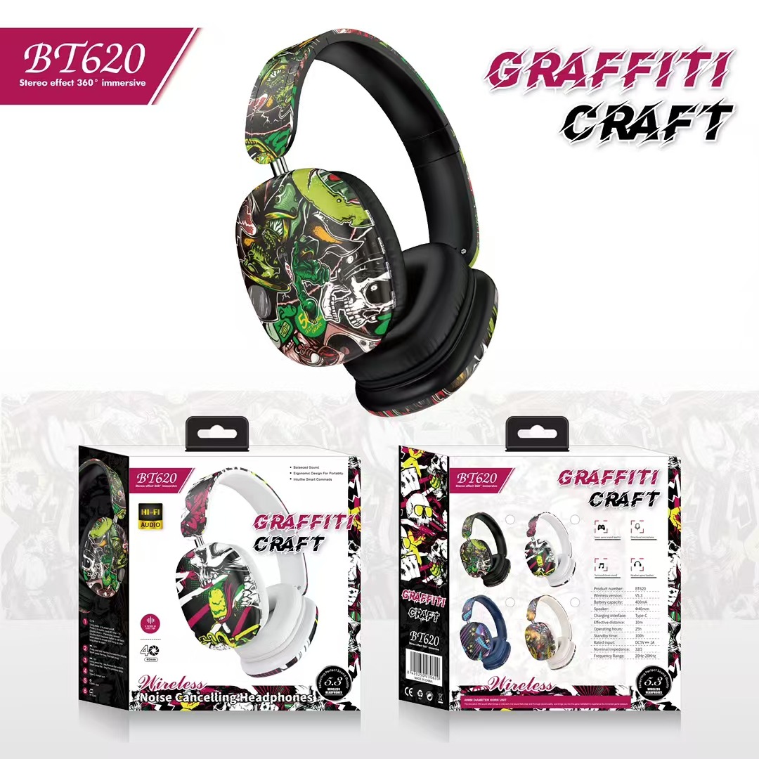 Comercio exterior transfronterizo BT620 graffiti auriculares Bluetooth 5.3 tarjeta retráctil plegable auriculares deportivos universales image 4