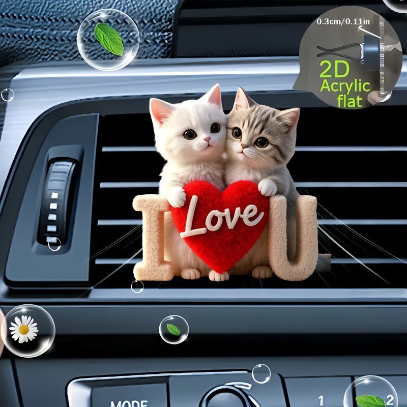 2D Flat Heart-Shaped Kitten Car Air Vent Acrylic Decoration Clip Scent Diffuser