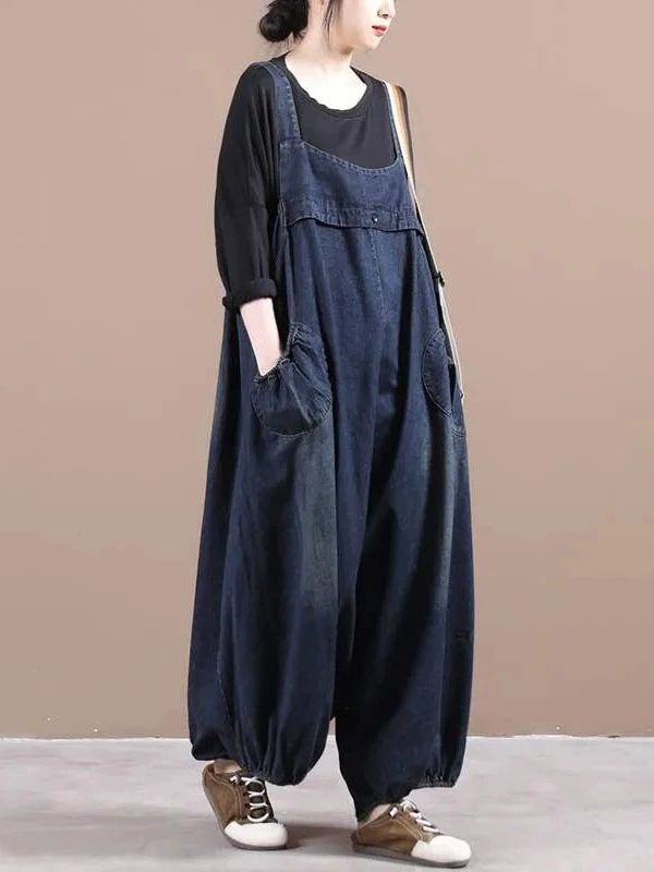 Джинсовый комбинезон, свободный крой женские dungarees, темно-синий 320#, размеры M–XXL