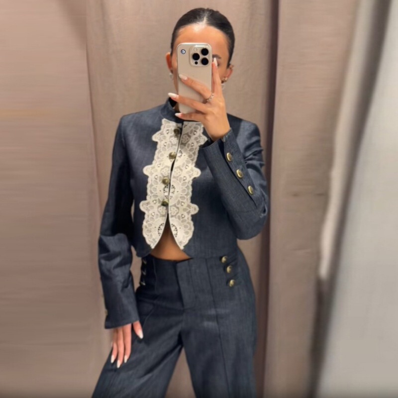 European and American cross-border lace splicing stand-up collar short single-breasted jacket and trousers set for women, vintage style, Chanel-inspired, foreign trade European and American cross-border lace splicing stand-up collar short single-breasted jacket and trousers set for women, vintage style, Chanel-inspired, foreign trade