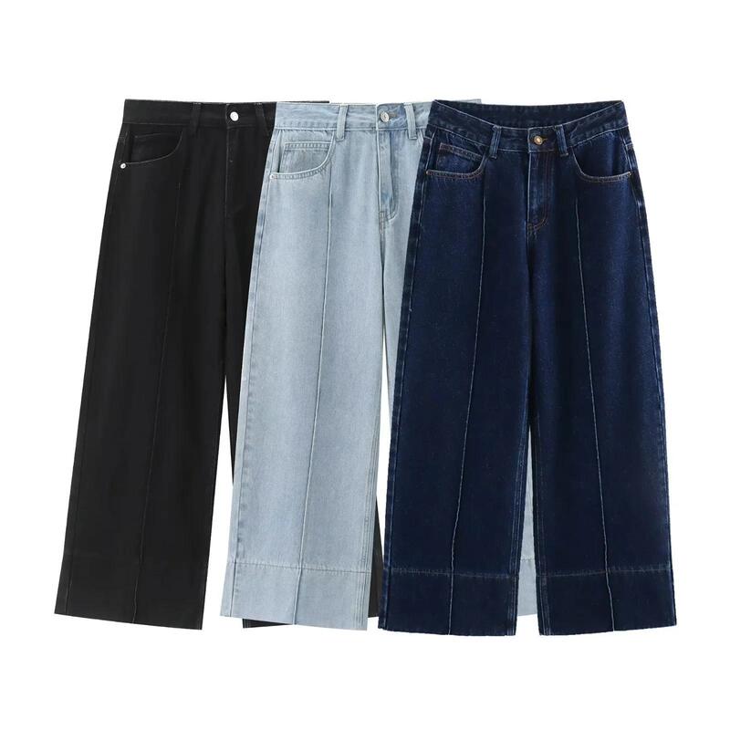Foreign Trade Summer New European and American Cross-Border Women's Street Fashion High-Waisted Ankle-Length Wide-Leg Straight Jeans Cotton