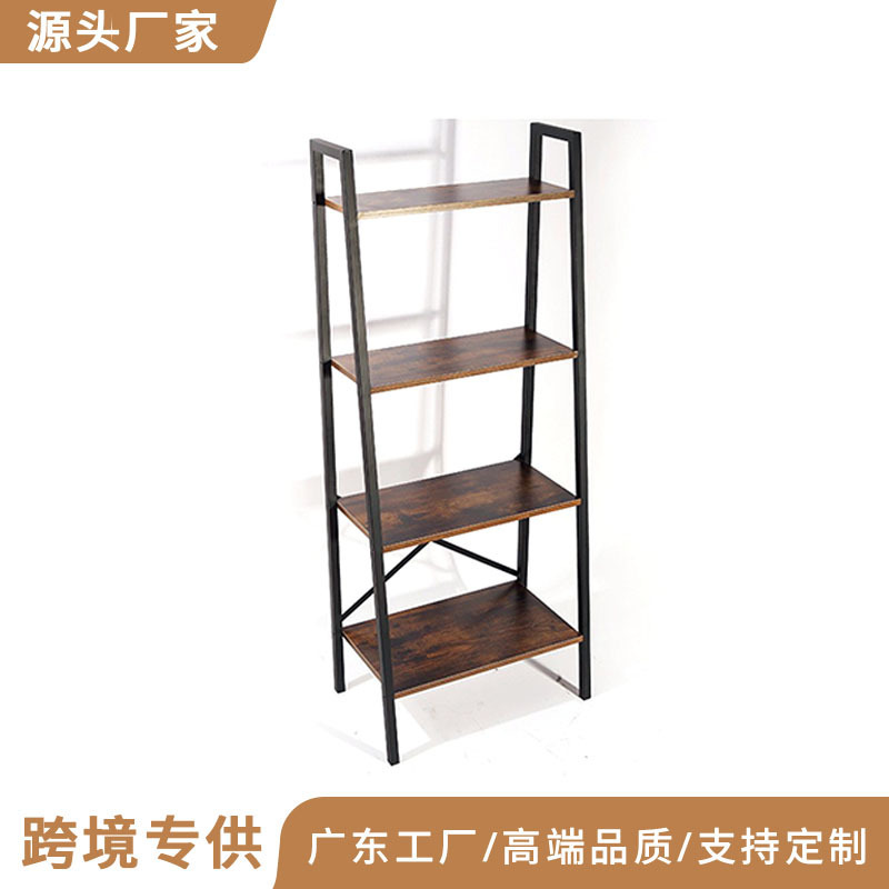 European and American Retro Steel-Wood 4-Layer Floor-Standing Bookshelf Storage Rack Combination Display Cabinet Clothing Store Display Floor-Standing Shelf