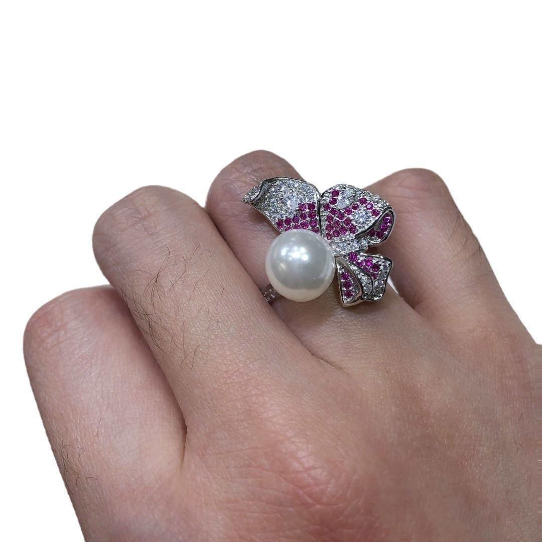 Beads from pearl, accessories, ring with bow, S925, 925 sample silver