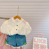 Summer lace jacket, denim skirt, set, children's clothing, puff sleeves, flowered