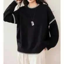 跨境慵懒风松弛感套头毛衣女2025秋冬设计感拼接缝线圆领针织衫潮