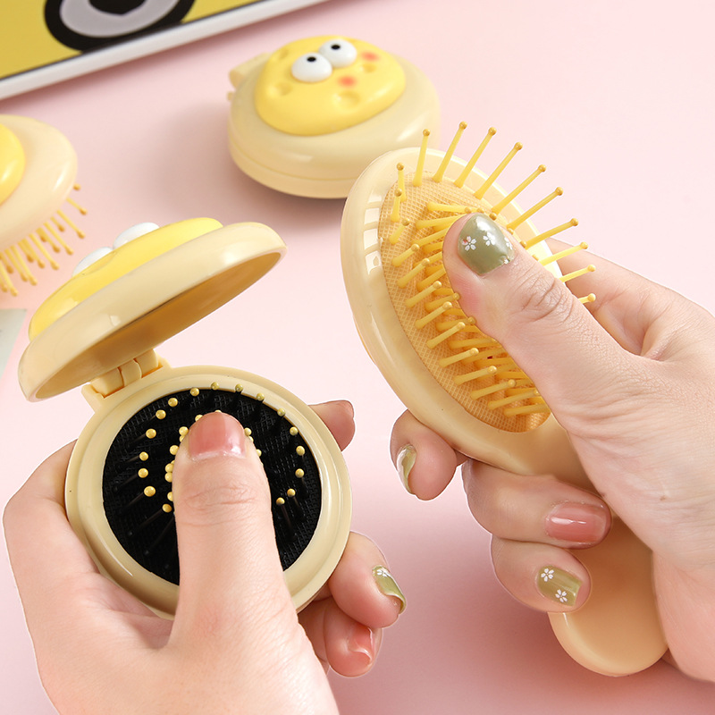 Cute airbag queso de dibujos animados niñas peines portátiles plegables airbag espejo 2 - en - 1 mini peines de mano