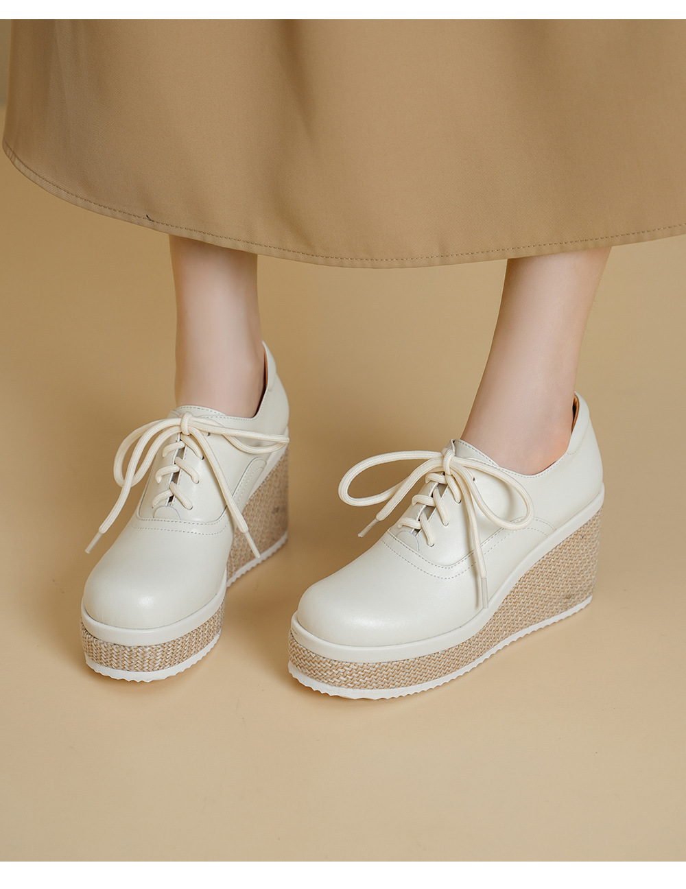 Giày loafer nữ đế xuồng platform da thật buộc dây, gót cao 9 cm — màu đen, màu trắng ngà chi tiết 7