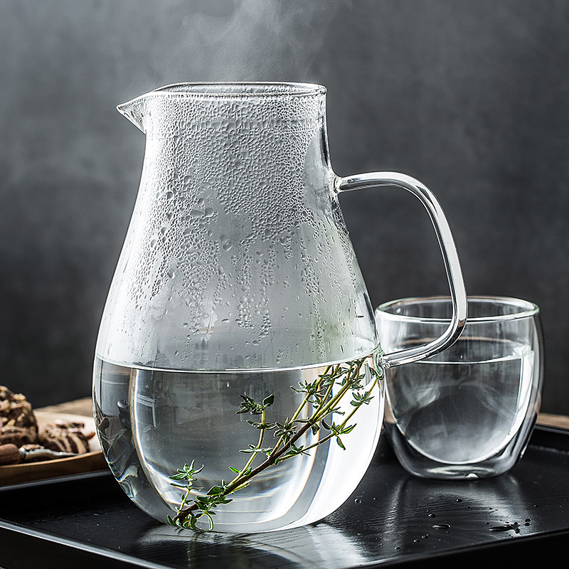Olla de gota de agua de vidrio con alto contenido de borosilicato de gran capacidad, olla de bebida fría de jugo de vidrio transparente para el hogar, botella de agua fría con tapa de acero inoxidable