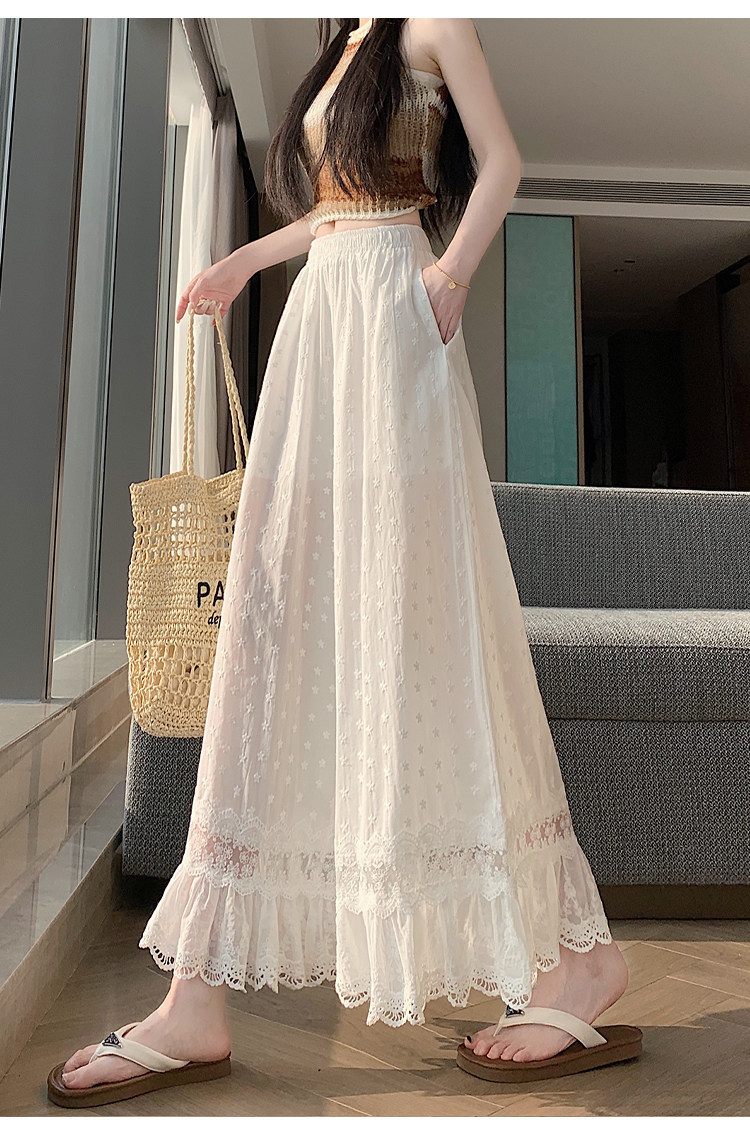 Quần culottes nữ ống rộng ren thêu rỗng cạp cao — màu trắng chi tiết 19
