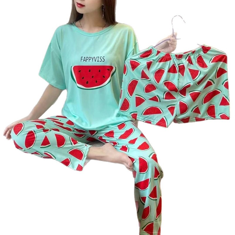 睡衣女夏季新款卡通三件套可爱简约休闲圆领家居服套装可外穿|undefined