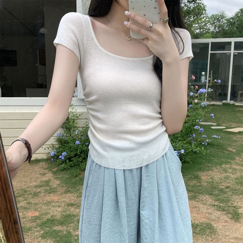 Pure Desire スクエアネック鎖骨漏れニット半袖レディース 2025 夏新作韓国スリムフィット Tシャツ薄手トップ|undefined
