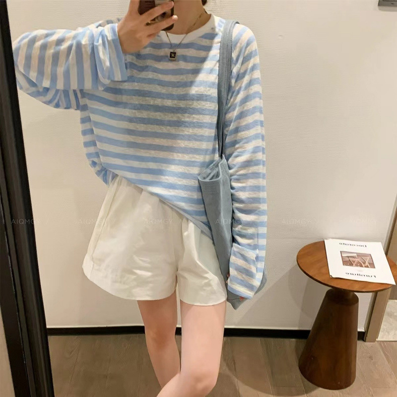 薄いアイスシルク長袖 Tシャツトップス女性のための 2025 新しいホットスタイル夏ルーズレイジーストライプ日焼け止めシャツブラウス|undefined